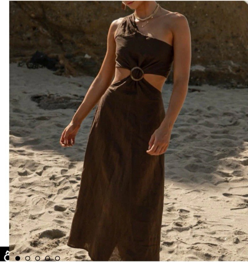Bohme Linen One Shoulder Maxi Dress Chocolate Brown Cutout Open Back Beach Sz L